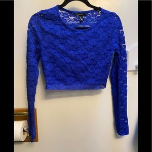 Royal Blue Lace Crop Top Long Sleeve 